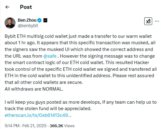 Breaking: Bybit Exchange Hacked; $1.5 Billion In Crypto Lost 2 Bybit Hack