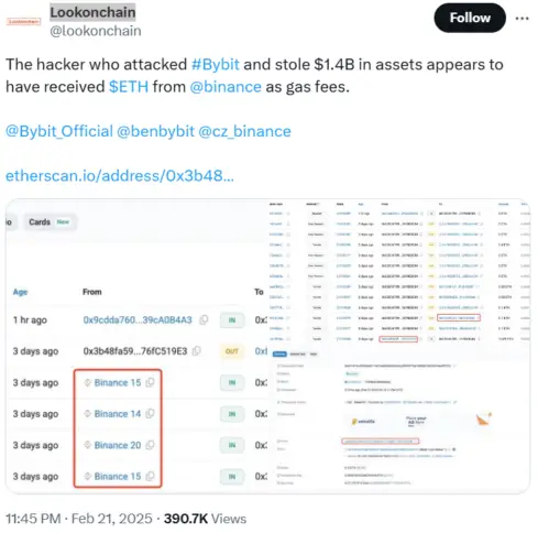 Bybit Attacker Used Binance To Fund Gas Fees